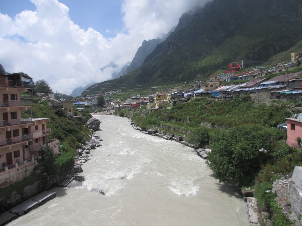 Alaknanda river flowing close to the Badrinath temple of Uttarakhand. It's a fast flowing river. It rushes down from Badrinath valley